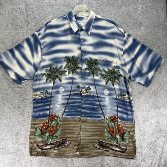 Vintage Pierre Cardin Hawaiian Shirt Mens Large Blue Palm Tree Print Button Up - Picture 1 of 12